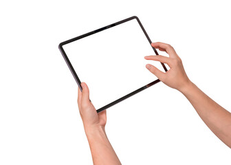Hand using modern tablet mockup with blank screen isolated on transparent background. Tablet PC with empty display for copy space.