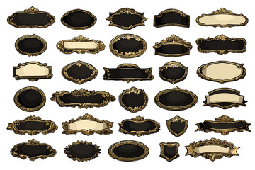 A collection of thirty ornate vintage frames and labels with intricate gold borders on a black background. The set includes various shapes like ovals, rectangles, and banners for design.