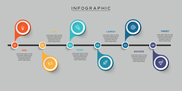 Horizontal timeline infographic with 6 steps and creative pinpoint pointers
