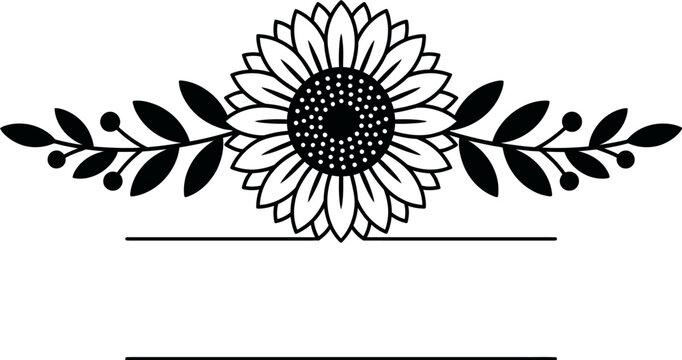 Sunflower floral monogram frame with leaves, botanical split name design, customizable text template, minimalist line art