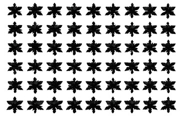 Fototapeta premium A dark monochromatic pattern featuring a grid of stylized black floral motifs arranged symmetrically on a solid black background. The design has a textured, hand-drawn appearance.