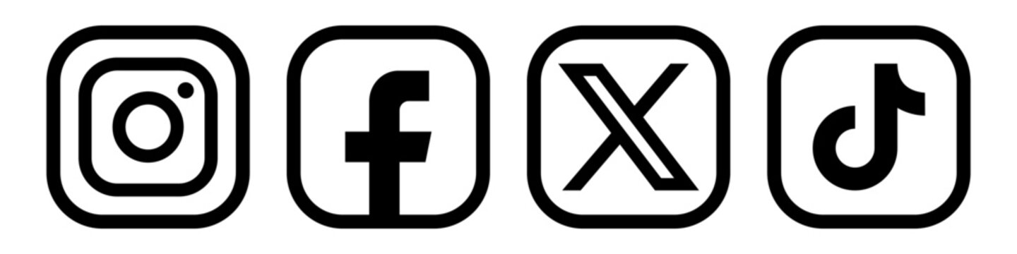 Social Media Icons Set including Instagram, TikTok, YouTube, Facebook, X, and other, Minimal Flat Vector Style