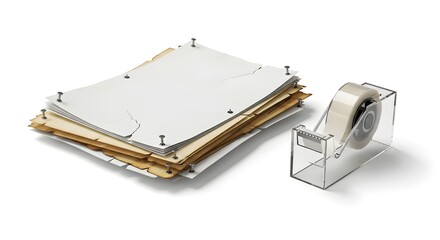 Stack of Documents Secured With Pins Next To A Tape Dispenser