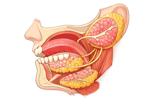 Detailed anatomical diagram of the human salivary glands including the parotid, submandibular, and sublingual glands, shown in a lateral cross-section of the head.