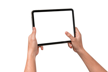 Hand using modern tablet mockup with blank screen isolated on transparent background. Tablet PC with empty display for copy space.