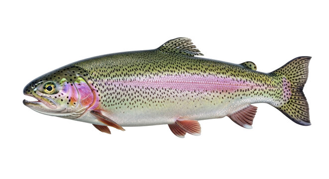Isolated Rainbow Trout, an adult fish with colorful iridescent pink lateral stripe on body