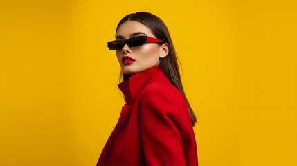 woman fashion model in red dress on yellow background