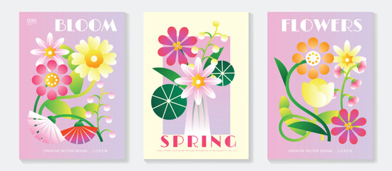 Spring daisy and lily flowers vector poster illustration with pink lilac sage colors. Modern decorative design for greeting cards, wall art, covers, and seasonal templates. © TWINS DESIGN STUDIO