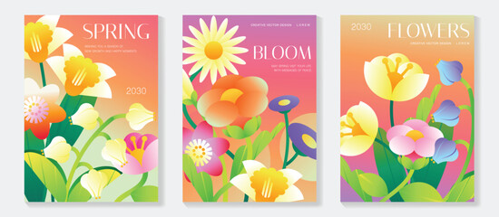 Spring daffodil and tulip flowers vector poster illustration with coral lavender green colors. Modern decorative design for greeting cards, wall art, covers, and seasonal templates. © TWINS DESIGN STUDIO