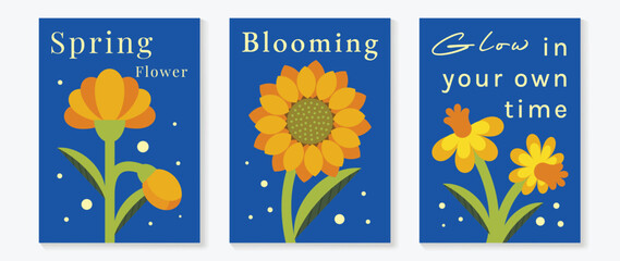 Spring sunflower and wildflower flowers vector poster illustration with navy gold blue colors. Modern decorative design for greeting cards, wall art, covers, and seasonal templates. © TWINS DESIGN STUDIO