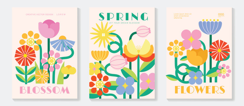 Spring tulip and daisy flowers vector poster illustration with peach mint cream colors. Modern decorative design for greeting cards, wall art, covers, and seasonal templates.
