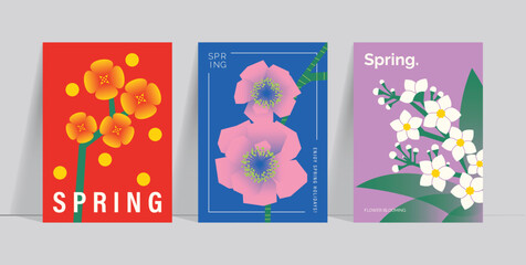 Spring camellia and tulip flowers vector poster illustration with red blue purple colors. Modern decorative design for greeting cards, wall art, covers, and seasonal templates.