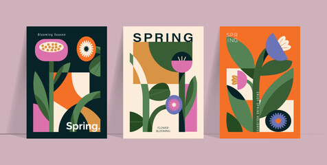 Spring tulip and iris flowers vector poster illustration with teal orange plum colors. Modern decorative design for greeting cards, wall art, covers, and seasonal templates. © TWINS DESIGN STUDIO