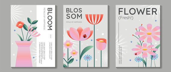 Spring tulip and daisy flowers vector poster illustration with white gray coral colors. Modern decorative design for greeting cards, wall art, covers, and seasonal templates. © TWINS DESIGN STUDIO