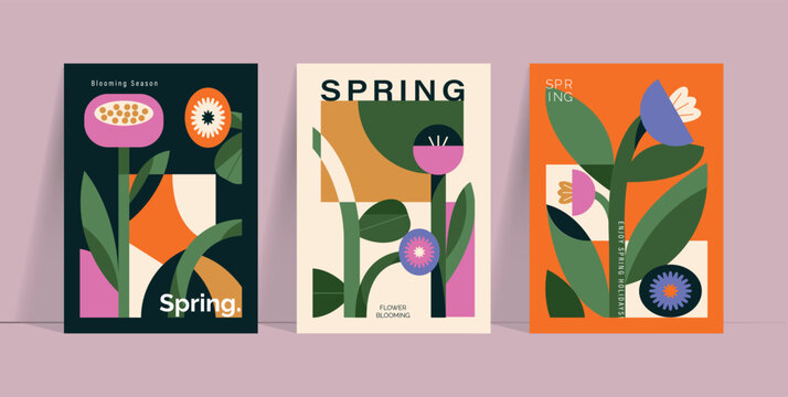 Spring tulip and iris flowers vector poster illustration with teal orange plum colors. Modern decorative design for greeting cards, wall art, covers, and seasonal templates.