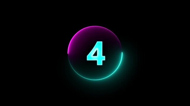 Digital countdown timer neon light style from 0 to 7 seconds on black background. Digital neon LED light game timer animation with seconds technology. Video play countdown timer neon animation.