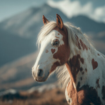 portrait of a horse with montain behing heart shaped pattern hair