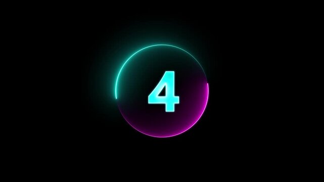 Digital countdown timer neon light style from 9 to 0 seconds on black background. Digital neon LED light game timer animation with seconds technology. Video play countdown timer neon animation.