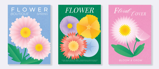 Spring gerbera and daisy flowers vector poster illustration with pink green white colors. Modern decorative design for greeting cards, wall art, covers, and seasonal templates. © TWINS DESIGN STUDIO