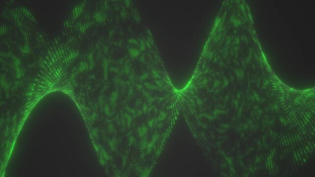 Glowing green data wave shaped like an hourglass, made of pixels and mesh lines