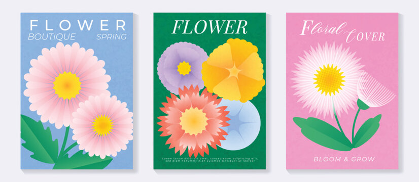 Spring gerbera and daisy flowers vector poster illustration with pink green white colors. Modern decorative design for greeting cards, wall art, covers, and seasonal templates.