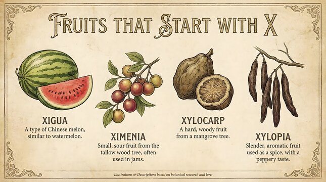 Fruits that start with X vintage botanical illustration. Includes Xigua, Ximenia, Xylocarp, and Xylopia with detailed descriptions. Created in a hand-drawn antique style with a warm sepia and