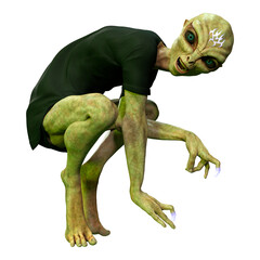 3D Rendering Green Alien on White