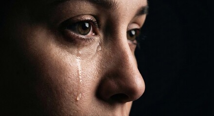 Fototapeta premium A woman's face glistens with tears as she gazes to the side in a somber mood captured in a close-up portrait view