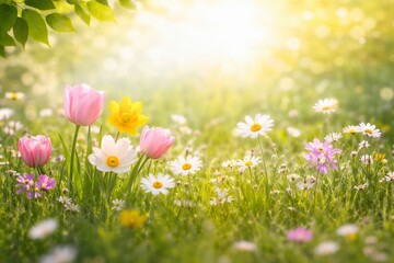 Vibrant flowers blooming in a lush green meadow under warm sunlight from a low angle viewpoint