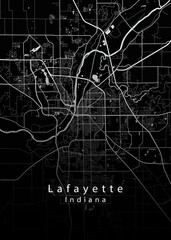 Minimalist black map of Lafayette, Indiana &ndash; A modern map print highlighting infrastructure of the city, useful for tourism purposes
