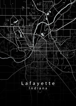 Minimalist black map of Lafayette, Indiana &ndash; A modern map print highlighting infrastructure of the city, useful for tourism purposes
