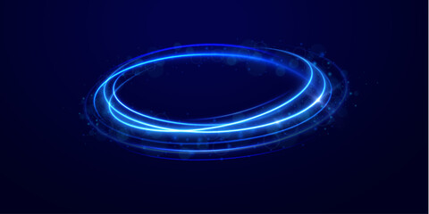 Blue neon ring glows with shimmering particles spinning in a circular motion. The light radiates soft energy. Futuristic interface design inspiration. © Little Monster 2070