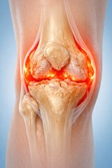 Knee Osteoarthritis Illustration Showing Joint Degeneration and Inflammation.