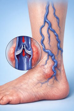 Varicose Veins and Venous Insufficiency Illustration with Close-up of Damaged Valve.