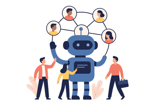 A blue robot stands in the center, holding a network of human profile icons above its head, while three people stand below interacting with the machine in a flat vector style.