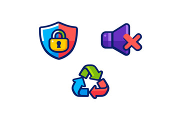 Fototapeta premium Three colorful sticker-style icons on a black background featuring a security shield with a padlock, a muted speaker symbol, and a multi-colored recycling sign with arrows.
