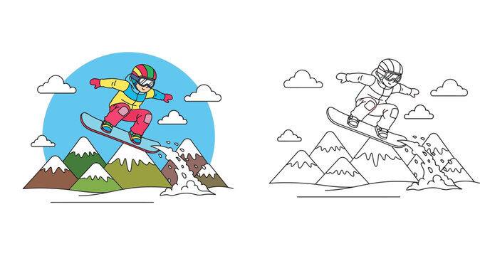 Cartoon snowboarder jumping over snowy mountains vector illustration with coloring book page outline. Winter sport activity for kids with colored and black and white line art versions.