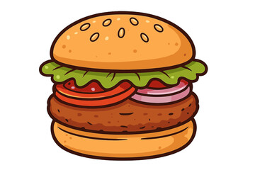 A digital illustration of a delicious hamburger featuring a sesame seed bun, fresh lettuce, tomato slices, red onion, and a thick patty, isolated against a solid black background.