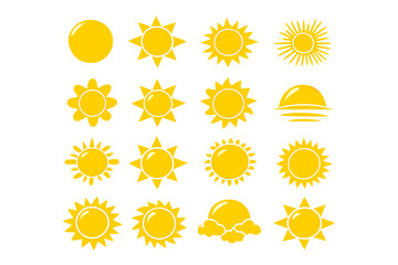 A collection of sixteen yellow sun icons with various ray designs and weather symbols, including a sunset and a sun behind clouds, set against a solid black background.