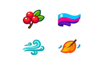 Obraz premium A collection of four stylized icons featuring red berries, a colorful wavy ribbon, blue wind swirls, and an orange autumn leaf, all set against a solid black background.