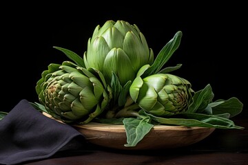 Obraz premium Three fresh artichokes arranged on a wooden plate, creating a still life against a dark backdrop