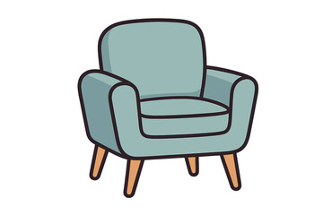 A minimalist cartoon illustration of a light blue armchair with four wooden legs, isolated on a solid black background. The furniture features a simple, modern design with bold outlines. © Alan