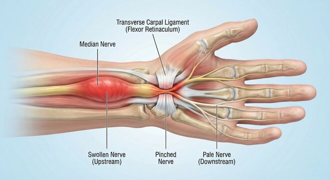 Anatomical illustration of carpal tunnel syndrome showing median nerve compression.