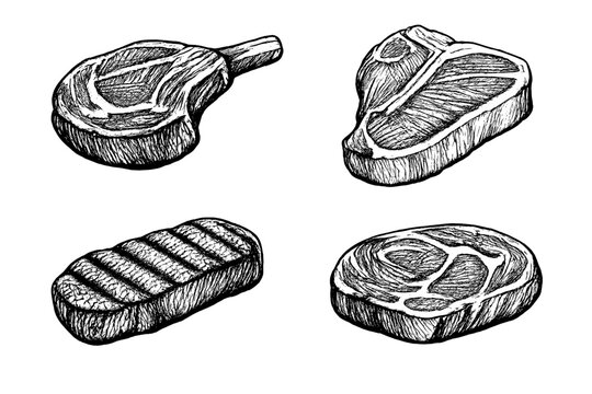This vintage style illustration shows four distinct cuts of beef steaks, including a T-bone and a grilled piece, rendered in detailed black and white line art against a solid black backdrop.