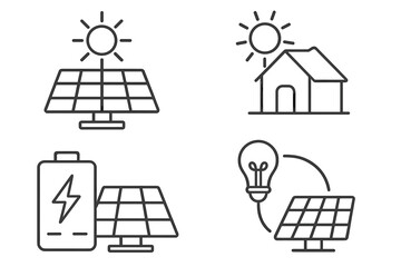 A set of four white line icons on a black background representing solar energy concepts including a sun over a panel, a house, a battery storage unit, and a light bulb connection. © icon_art