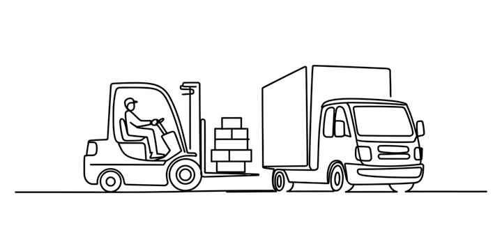 Single line drawing of a forklift driver loading boxes into a delivery truck for transport.