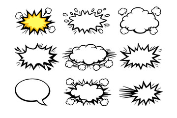A collection of nine comic book speech bubbles and explosion shapes set against a black background. The set includes jagged bursts, fluffy clouds, and a classic oval talk bubble. © icon_art