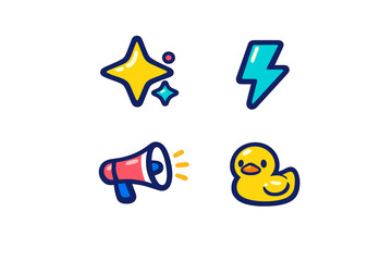 A collection of four colorful cartoon icons featuring a yellow star, a blue lightning bolt, a red megaphone, and a yellow rubber duck, all set against a solid black background.