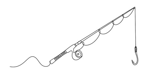 Fototapeta premium Simple black and white line drawing of a fishing rod with a reel, line, and a sharp hook. Vector, illustration