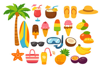 A collection of colorful summer-themed illustrations featuring a palm tree, surfboard, tropical fruits, ice cream, and beach accessories isolated on a solid black background.